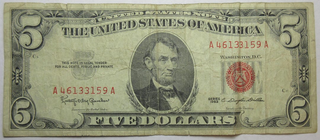 1963 United States Red Seal Five Dollar Note (#e39d) - Etsy