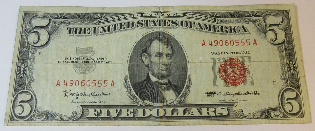 1963-red-seal-five-dollar-united-states-note-e92s-etsy