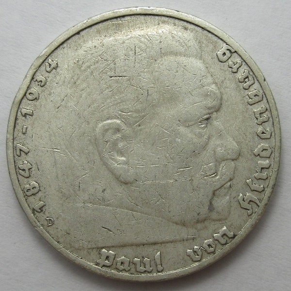 1936-D German Five Mark 90% Silver -Fine- (#E117o)