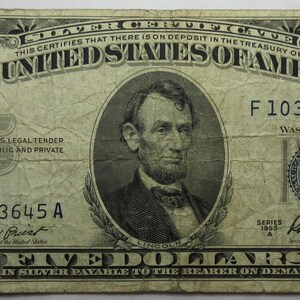thumbnail image 2 of 1953 Or 1963 $5 Red Seal Note - Old US Bill Certificate - Circulated Condition (Random Year) 2 of 6