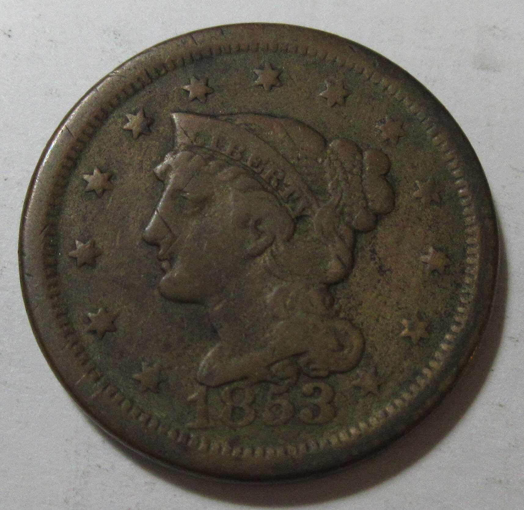 1853 Braided Hair Large Cent F Fine Copper Penny 1c Coin SKU:I7652