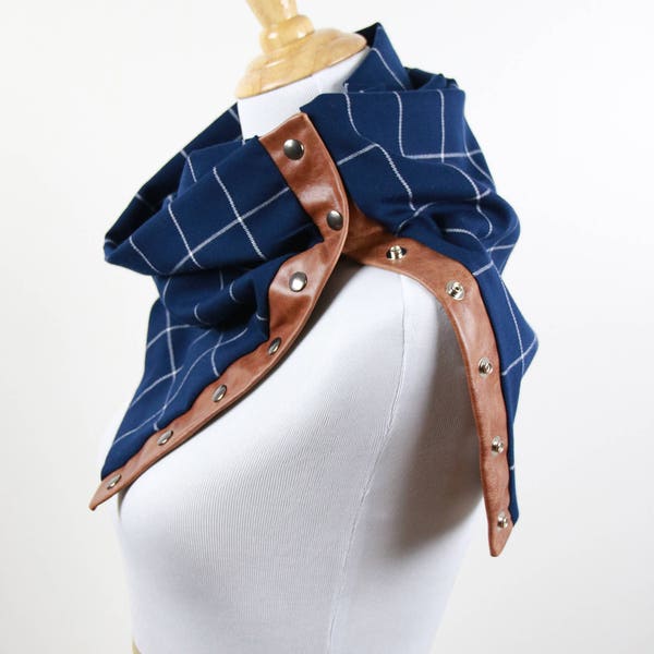 Sale LAST ONE! Chunky Navy Plaid, Leather Snap Scarf, Circular Infinity| 100% Genuine Leather Trim| Cowboys, Colts, Fan Wear