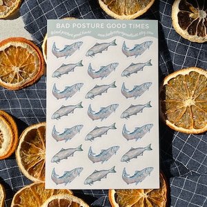Feuille d’autocollants de poisson, 21 autocollants de poisson, autocollants de planificateur et de journalisation de balles, faits à la main à partir de peintures à l’aquarelle, saumon, varech de taureau, océan