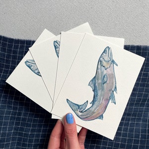 Lachsfisch Postkarten- 4er-Set Angelkarten, Schwere Aquarell-Postkarten, Vier doppelseitige Karten, Grußkarten