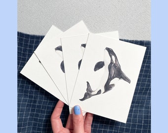 Cartes postales à l’aquarelle orque - Ensemble de 4 cartes de baleine, cartes postales en papier aquarelle de poids lourd, cartes-cadeaux de baleine orque, cartes de vœux d’orque