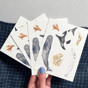 Cartes postales à l’aquarelle - Ensemble de 4 cartes de baleines et d’algues, cartes en papier aquarelle de poids lourd, épaulard, orque, béluga, varech taureau