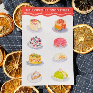 Stickers pour gâteau - 8 autocollants pour gâteau, agenda et autocollants pour journal intime, faits à la main à partir de peintures à l'aquarelle, gâteaux d'anniversaire, célébration