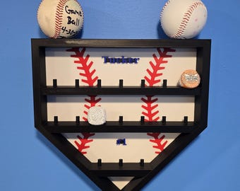 Personalized Baseball Ring Holder Display – Home Plate Wall Mount, Holds 17 Championship Rings and 3 Baseballs, Custom Name and Number