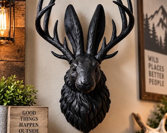 3D Printed Jackalope Wall Mount, Black Jackrabbit Deer Head Decor, Rustic Cabin Wall Art, Cryptid Taxidermy Alternative, Unique Gift