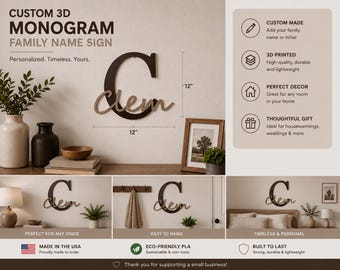 Personalized Monogram Family Sign | Custom Last Name Wall Decor | 3D Printed Initial | Housewarming Gift | Farmhouse Home Decor