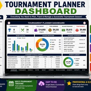 Peut inclure: Un tableau de bord numérique de planification de tournoi affiché sur un écran d'ordinateur portable, comprenant des sections organisées pour les calendriers, les listes d'équipes, le suivi budgétaire, les dépenses et les paiements avec des graphiques.