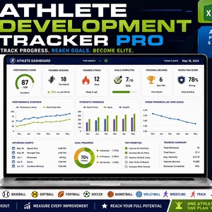 Könnte beinhalten: Eine Excel-Tabellenvorlage für den Athlete Development Tracker Pro auf einem Laptop-Bildschirm. Das Dashboard zeigt Leistungsbewertungen, Trainingsprotokolle, Kraftfortschrittsdiagramme und Zielverfolgungsmetriken in einer blau-weißen Oberfläche.
