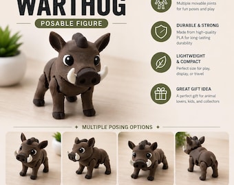 Articulated Warthog | 3D Printed Safari Animal | Flexible Fidget Toy | Cute Collectible Figure | Desk Pet Gift