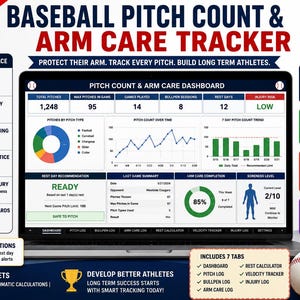 May include: A digital baseball pitch count and arm care tracker displayed on a laptop screen. The dashboard features charts, graphs, and data fields for tracking pitches, velocity, rest days, and injury risk, alongside a baseball and glove.