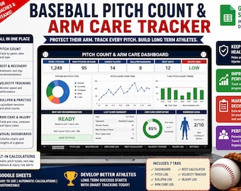 Baseball Pitch Count Tracker, Arm Care Log, Youth Baseball Coach Spreadsheet, Pitching Rest Days, Excel Dashboard, Team Management Template