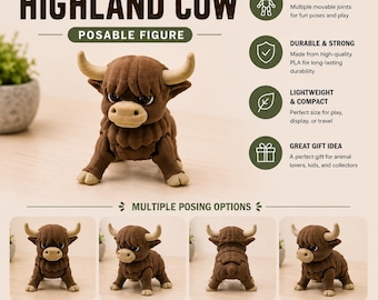 Highland Cow Articulated Animal | 3D Printed Highland Cow Figure | Cute Flexible Desk Companion | Collectible Farm Animal