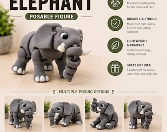Articulated Elephant | 3D Printed Animal Figure | Flexible Elephant Toy | Cute Desk Pet | Sensory Fidget Gift