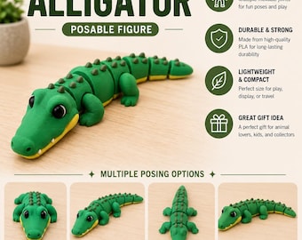 Articulated Alligator | 3D Printed Reptile Toy | Flexible Gator Figure | Fidget Animal | Desk Pet Gift
