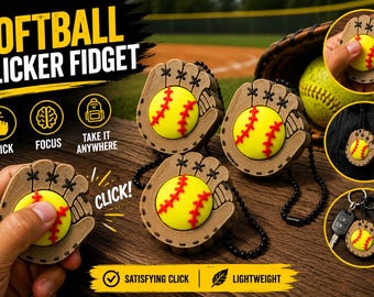 Softball Clicker Fidget Keychain | 3D Printed Softball Glove Sensory Toy | Team Gift for Players Coaches Parents Dugout Bag Charm