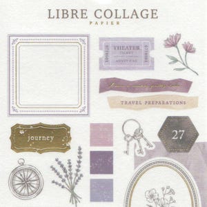 May include: A sheet of decorative stickers with a travel theme. The stickers feature various designs, including tickets, keys, a compass, a suitcase, and floral elements in shades of purple, gold, and white.