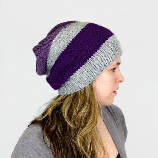 Knitted Slouch Hat, Purple and Gray Beanie,Striped Snow Cap, Oversized Knit Beanie, Hand Knit Baggy Hat, Loose Fit Hat, fall accessory