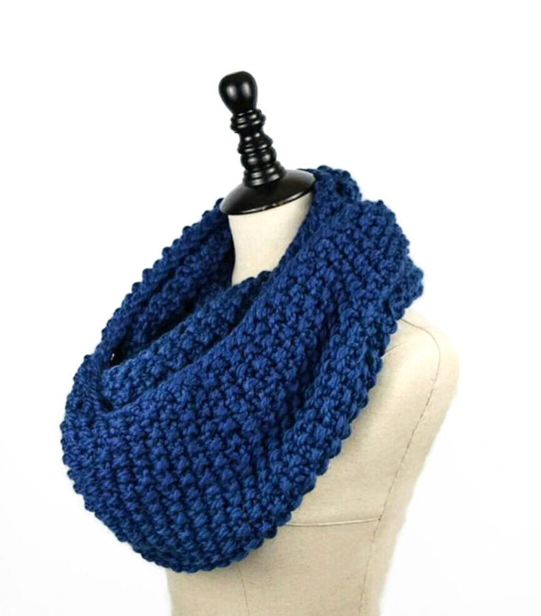 Blue Knit Infinity Scarf, Seed Stitch Scarf, Chunky Knit Long Scarf ...