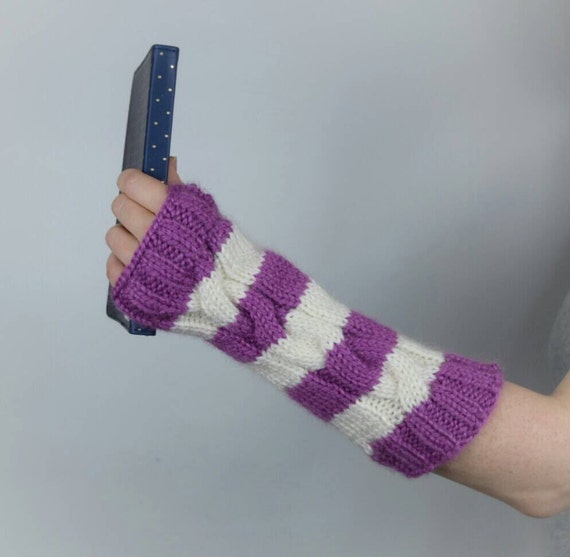 Items similar to Knit Fingerless Gloves, Purple/Pink and White Stripe Arm Warmer, Cable Pattern