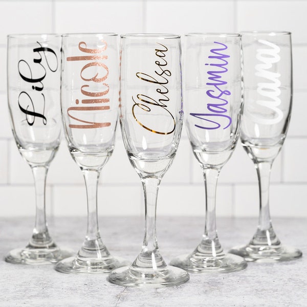 Custom Champagne Flutes, Personalized Bridesmaid Gifts, Bridesmaid Champagne Glasses, Bridal Party Stemmed Flute, Bachelorette Wedding Party