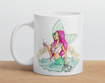Salt life mug, mermaid coffee mug, sea life mug, 11Oz ceramic coffee mug, mermaid gift, mermaid gifts, beach life mug by Josefina Fernandez