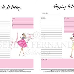 Zwei &quot;Fashion Girls&quot; A5 Planer druckbare Einsätze, druckbare To Do und Einkaufslisten mit Modeillustrationen, Undatierte Planer Einsätze