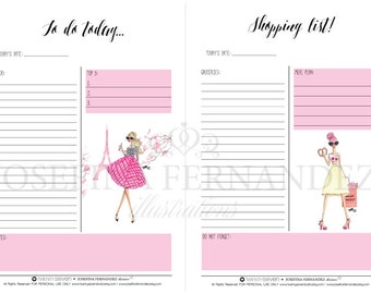 Two "Fashion Girls" A5 Planner Printable Inserts, Printable To Do and Shopping lists with Fashion Illustrations, Undated planner inserts