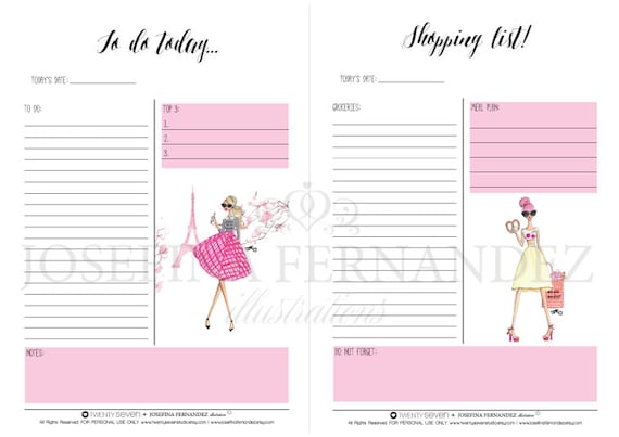 Two "Fashion Girls" A5 Planner Printable Inserts, Printable To Do and Shopping lists with Fashion Illustrations, Undated planner inserts