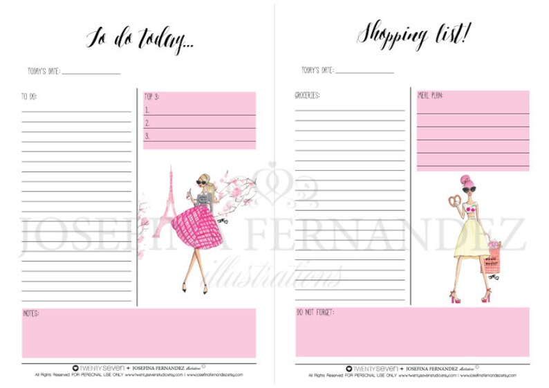 May include: A pink and white printable planner with a to-do list and a shopping list. The to-do list has a section for top priorities and notes. The shopping list has sections for groceries and meal plan. The planner features illustrations of women in fashionable outfits.