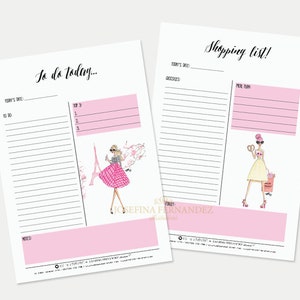 May include: Two printable to-do lists with pink accents. The first list is titled "To do today..." and features a woman in a pink skirt and black top standing in front of the Eiffel Tower. The second list is titled "Shopping list!" and features a woman in a yellow dress holding a basket and a pretzel.