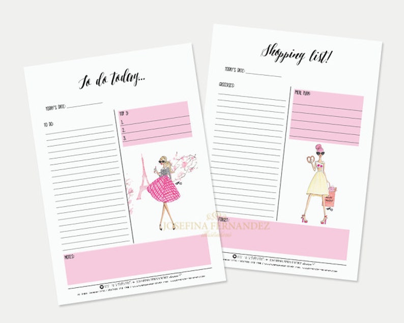 May include: Two printable to-do lists with pink accents. The first list is titled "To do today..." and features a woman in a pink skirt and black top standing in front of the Eiffel Tower. The second list is titled "Shopping list!" and features a woman in a yellow dress holding a basket and a pretzel.