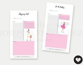 Two "Fashion Girls" Personal size Printable Planner Inserts, Printable To Do and Shopping lists with Fashion Illustrations, Undated inserts