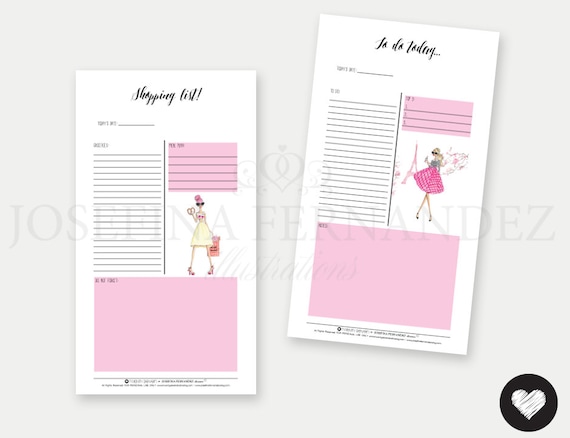 Two "Fashion Girls" Personal size Printable Planner Inserts, Printable To Do and Shopping lists with Fashion Illustrations, Undated inserts