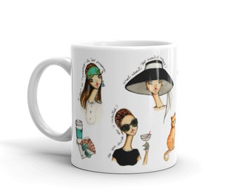 Breakfast at Tiffany's coffee mug, Holly Golightly coffee mug,11 Oz Fashion Illustration coffee mug,Audrey ceramic mug by Josefina Fernandez