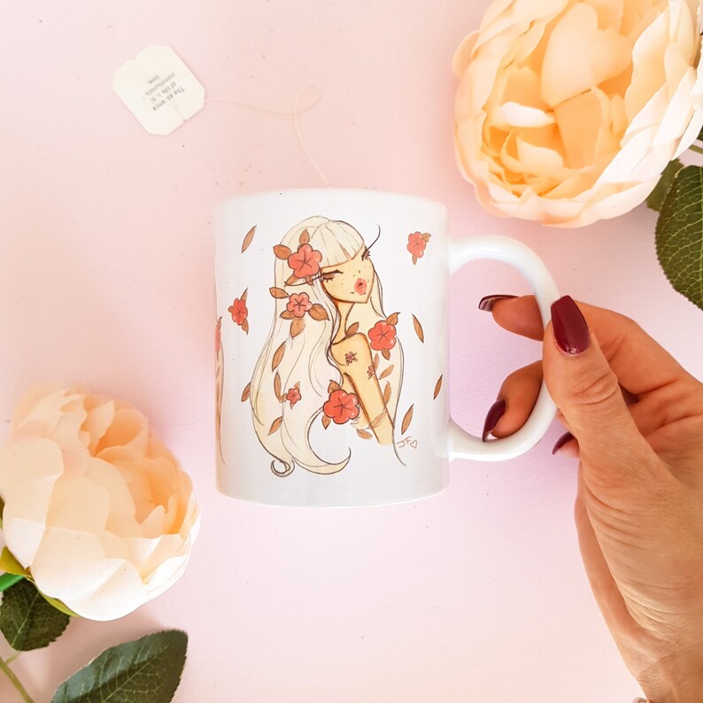 Flower Child coffee mug, chic coffee mug, 11 Oz Fashion Illustration coffee mug, chic ceramic mug, mug for her image 2