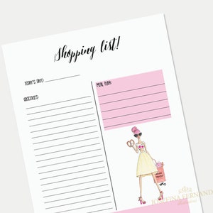May include: A printable shopping list with a pink and white color scheme. The list has sections for today's date, groceries, and meal plan. A cartoon illustration of a woman with pink hair and sunglasses holding a pretzel and a shopping bag is in the bottom right corner.