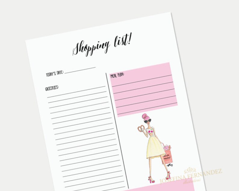 May include: A printable shopping list with a pink and white color scheme. The list has sections for today's date, groceries, and meal plan. A cartoon illustration of a woman with pink hair and sunglasses holding a pretzel and a shopping bag is in the bottom right corner.