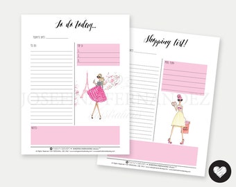 Two "Fashion Girls" Letter size Printable Planner Inserts, Printable To Do and Shopping lists with Fashion Illustrations, 8.5"x11" inserts