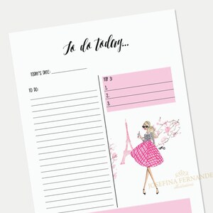 May include: A printable to-do list with a pink background and a stylized illustration of a woman in a pink dress and sunglasses standing in front of the Eiffel Tower. The text "To do today..." is at the top of the page. The text "Today's Date:" and "To do:" are on the left side of the page. The text "Top 3" is on the right side of the page.