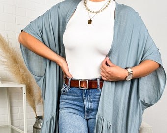 Solid Ruffle Boho Duster Cardigan trench kimono