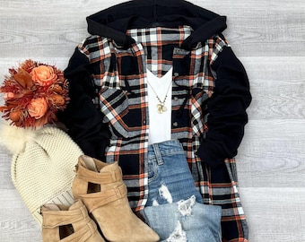 Hooded Plaid Flannel Shacket: Oversized Boyfriend Style