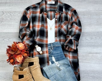 Oversized Plaid Flannel Shacket: Brown Fall Button-Up Shirt