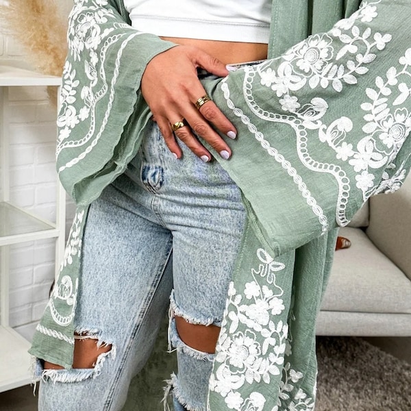 Long Sleeve Embroidered Floral Vine Lace Cardigan kimono