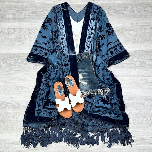 Velvet Mesh Kimono with Tassels, Boho Plus Size Cover-Up