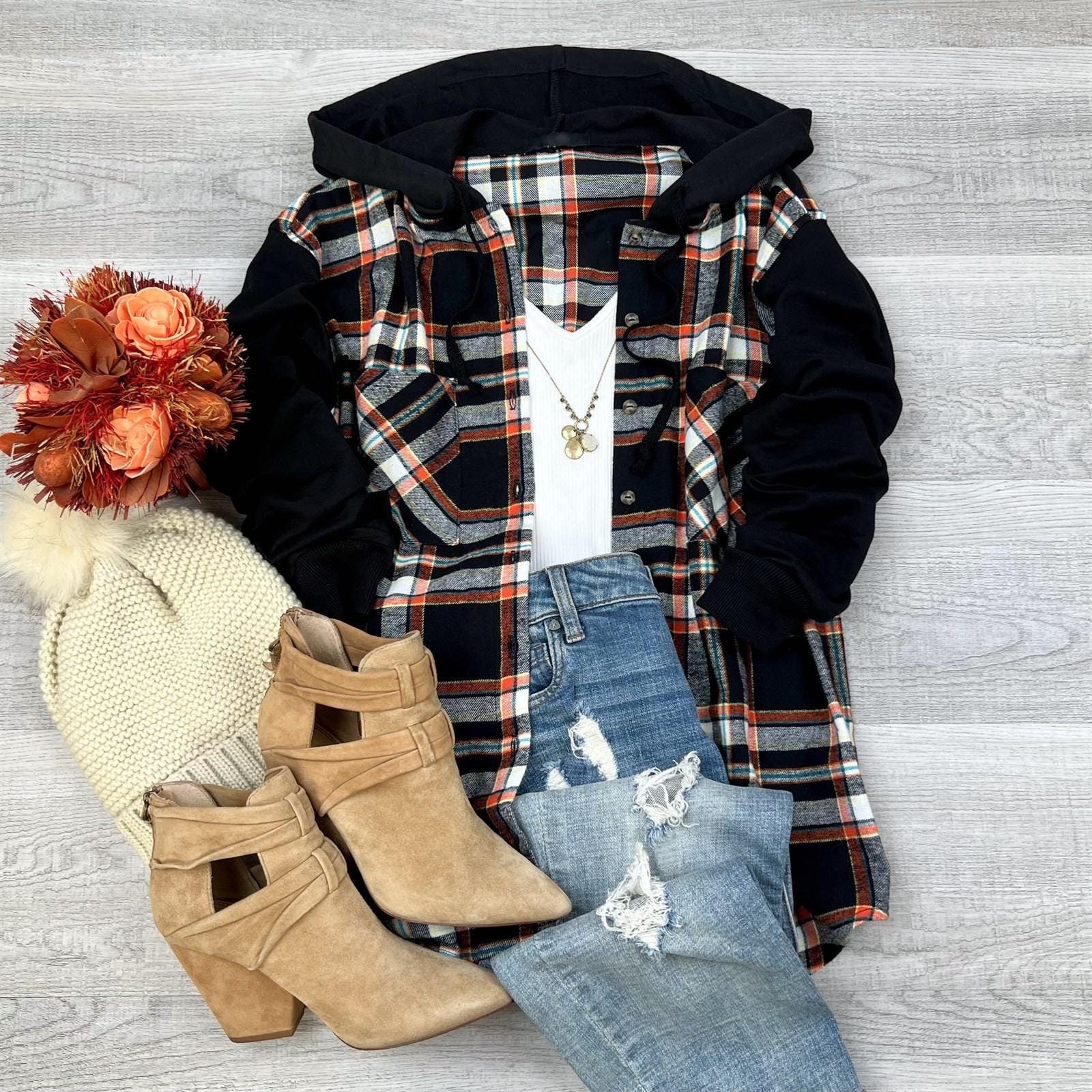 Brook Hooded Boyfriend Flannel Button up Plaid Fall Flannel Shacket Button Front Shirt Jacket Brown Flannel Western Southwestern Etsy