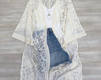 Embroidered Lace Kimono - Boho Mesh Long Sleeve Duster